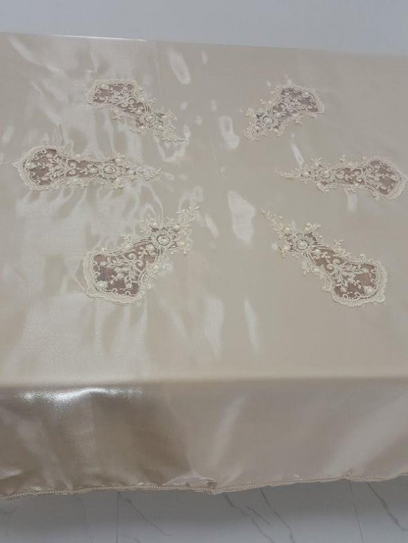 Finezza Anjelica İncili Dantelli Monoray Kumaş Bej Masa Örtüsü 170x230 cm - 1018 - 4
