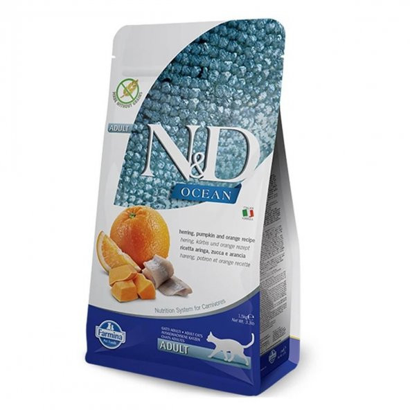 N&D Ocean Tahılsız Balkabaklı Ringa Balıklı Portakallı Kedi Maması 1.5 Kg