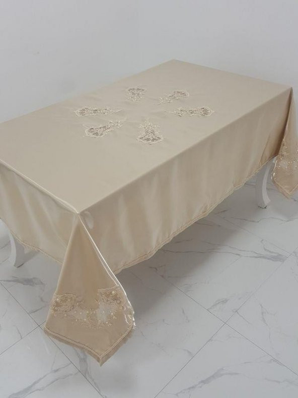 Finezza Anjelica İncili Güpürlü Monoray Kumaş Bej Masa Örtüsü 170x330 cm - 1019