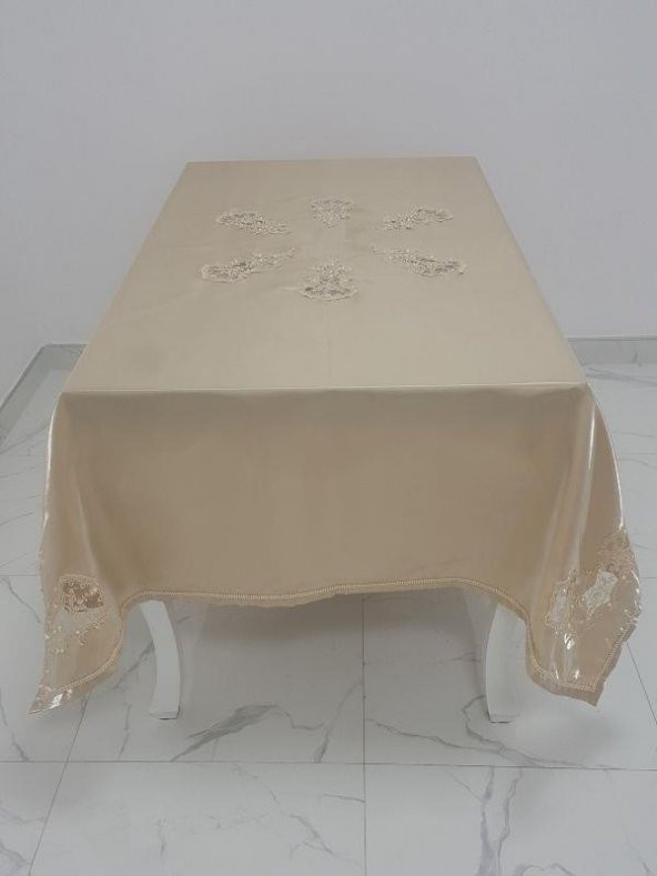 Finezza Anjelica İncili Güpürlü Monoray Kumaş Bej Masa Örtüsü 170x330 cm - 1019 - 4