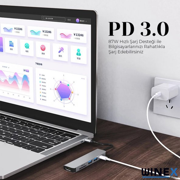 Winex 8in1 USB Type-C Hub Port Adaptör HDMI USB Ethernet 100W PD Girişli - 4