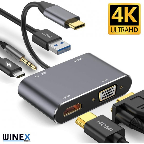 Winex 5in1 Type-C Hub Port Adaptör HDMI VGA USB AUX 100W PD Girişli - 3