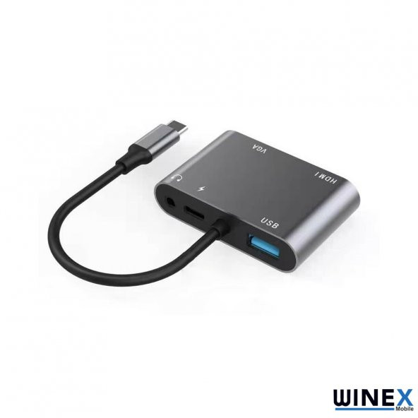 Winex 5in1 Type-C Hub Port Adaptör HDMI VGA USB AUX 100W PD Girişli - 4