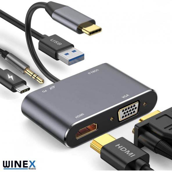 Winex 5in1 Type-C Hub Port Adaptör HDMI VGA USB AUX 100W PD Girişli - 6