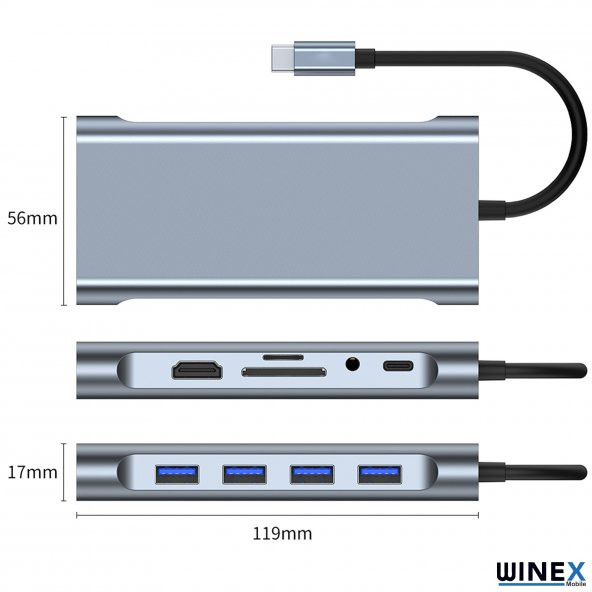 Winex 11in1 Hub Type-C to 4K HDMI/UsbA 3.0/TF SD/VGA/3.5mm AUX/PD Şarj/RJ45 Ethernet Dönüştürücü Adaptör - 5