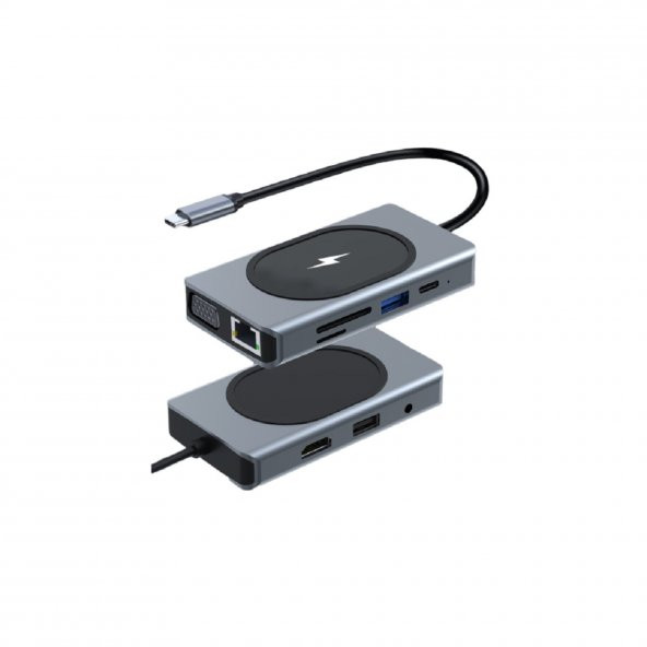 Winex 9in1 USB Type-C Hub Port Adaptör 4K HDMI USB Ethernet PD Girişli 15W Kablosuz Şarj