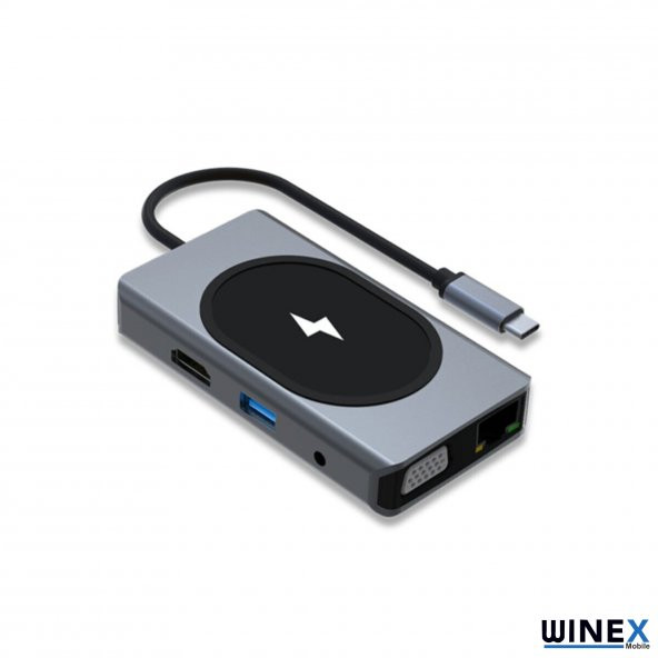 Winex 9in1 USB Type-C Hub Port Adaptör 4K HDMI USB Ethernet PD Girişli 15W Kablosuz Şarj - 2