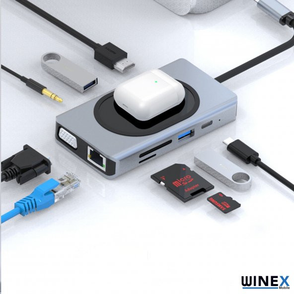 Winex 9in1 USB Type-C Hub Port Adaptör 4K HDMI USB Ethernet PD Girişli 15W Kablosuz Şarj - 3