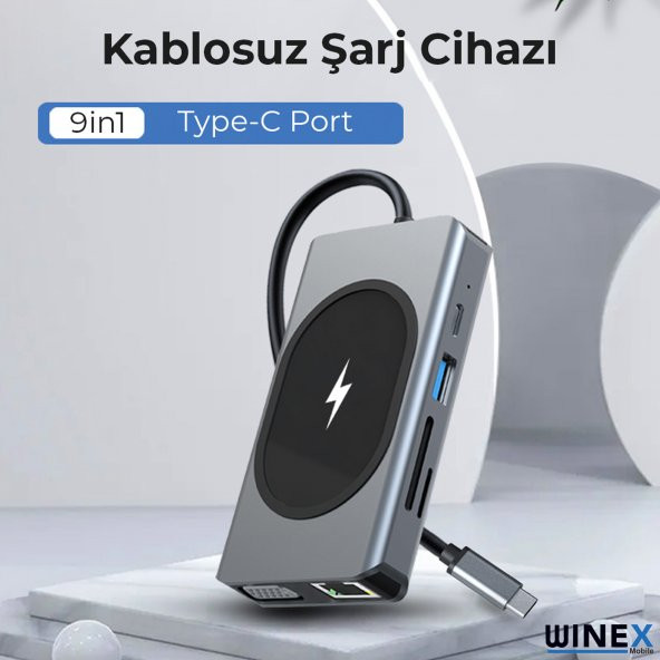 Winex 9in1 USB Type-C Hub Port Adaptör 4K HDMI USB Ethernet PD Girişli 15W Kablosuz Şarj - 4
