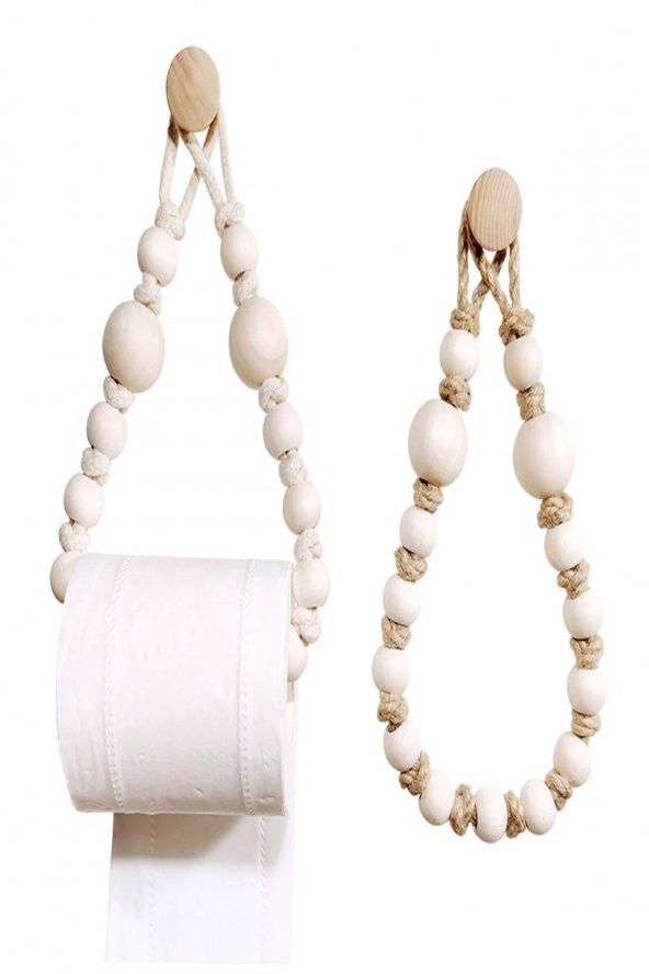 2li Hand Wood Dekoratif Hasır & Makrome Tuvalet Kağıdı Tutucu