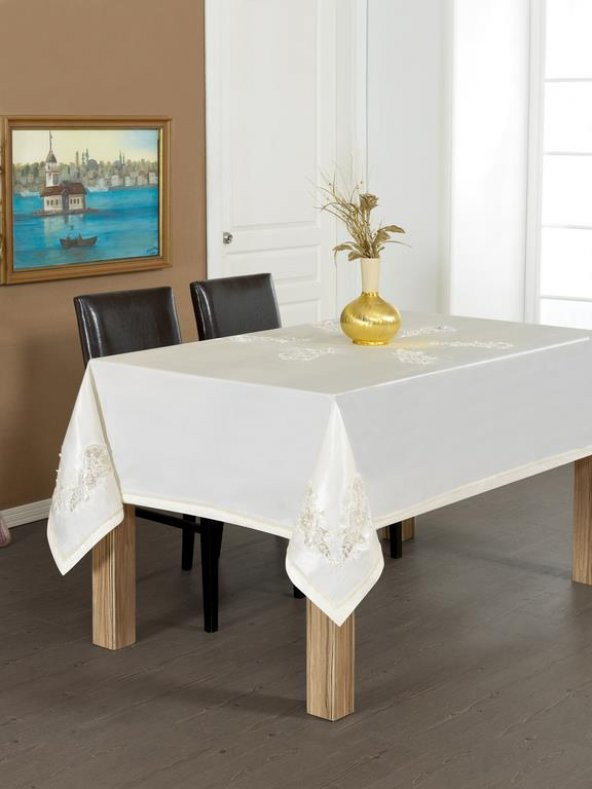 Finezza Anjelica İncili Güpürlü Monoray Kumaş Krem Masa Örtüsü 170x330 cm - 1021