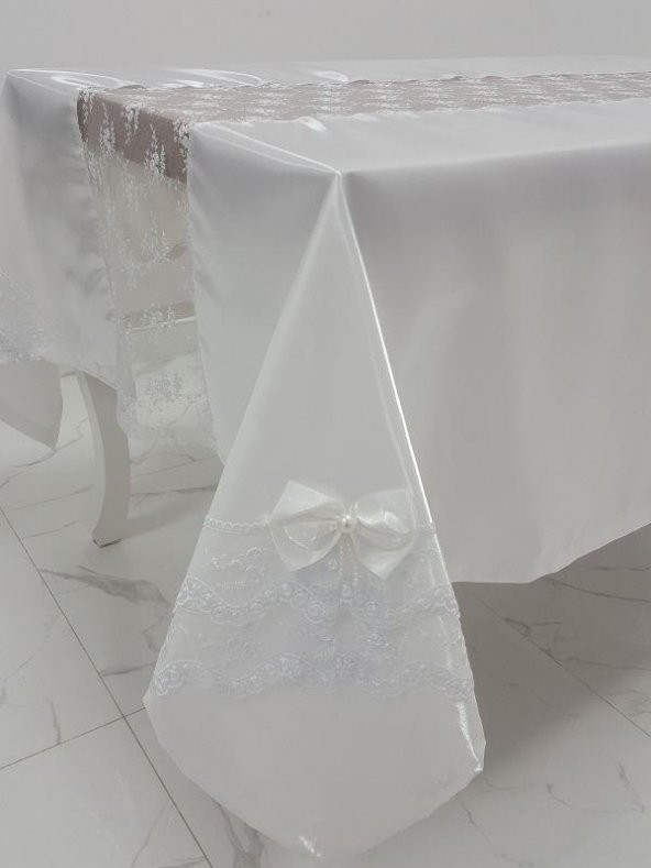 Finezza Elegant Lüx Dantelli Monoray Kumaş Beyaz Masa Örtüsü 170x230 cm - 1023 - 4