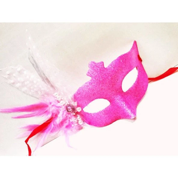 himarry Sim İşlemeli İnci Boncuk Detaylı Tüylü Balo Maskesi Pembe Renk 13x18 cm