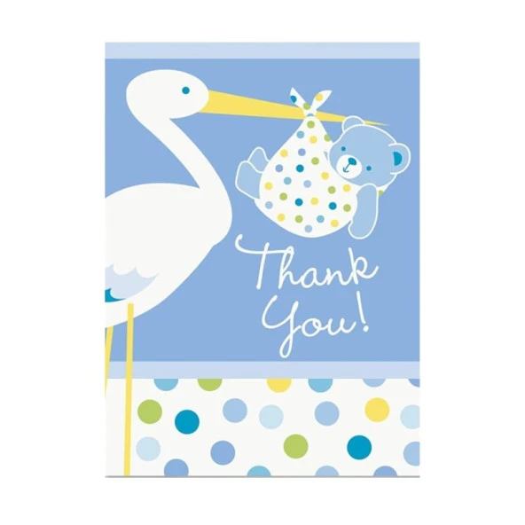 himarry Mavi Renk Baby Stork Baby Shower Teşekkür Zarfı ve Not Seti 8 Adet