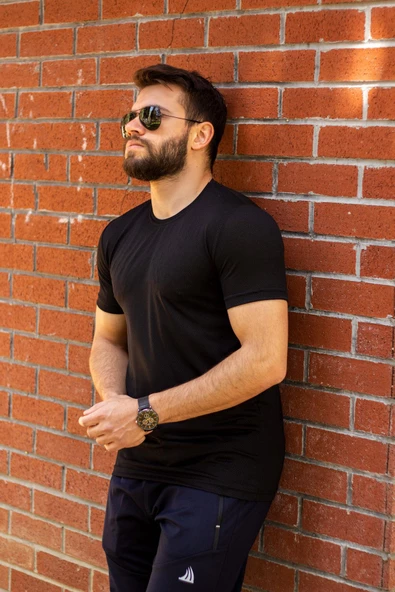 Siyah Basic Rahat İnce Petek Kumaş Spor Erkek Tshirt 22ETSHPORT - 5