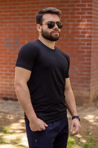 Siyah Basic Rahat İnce Petek Kumaş Spor Erkek Tshirt 22ETSHPORT - 4