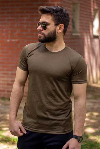 Haki Yeşil Basic Rahat İnce Petek Kumaş Spor Erkek Tshirt 22ETSHPORT - 5