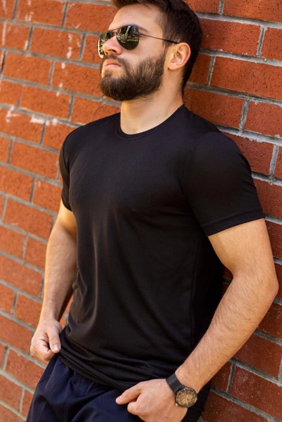 Siyah Basic Rahat İnce Petek Kumaş Spor Erkek Tshirt 22ETSHPORT - 6