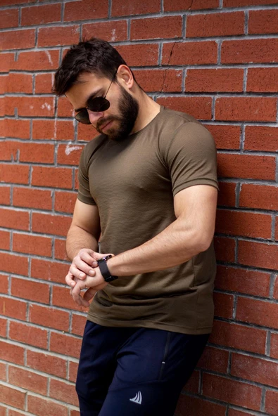 Haki Yeşil Basic Rahat İnce Petek Kumaş Spor Erkek Tshirt 22ETSHPORT - 6