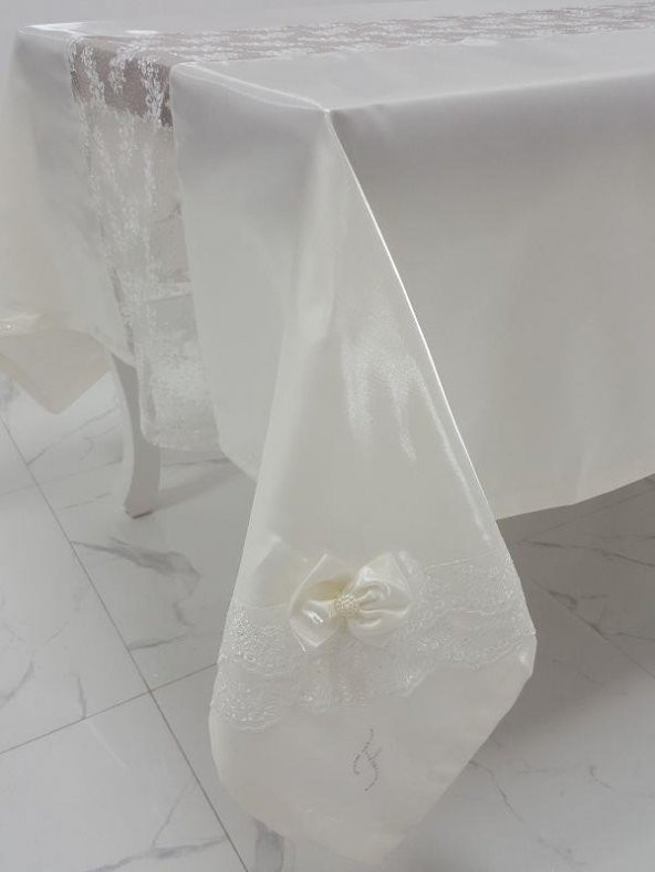 Finezza Elegant Lüx Dantelli Monoray Kumaş Krem Masa Örtüsü 170x230 cm - 1024 - Resim 4