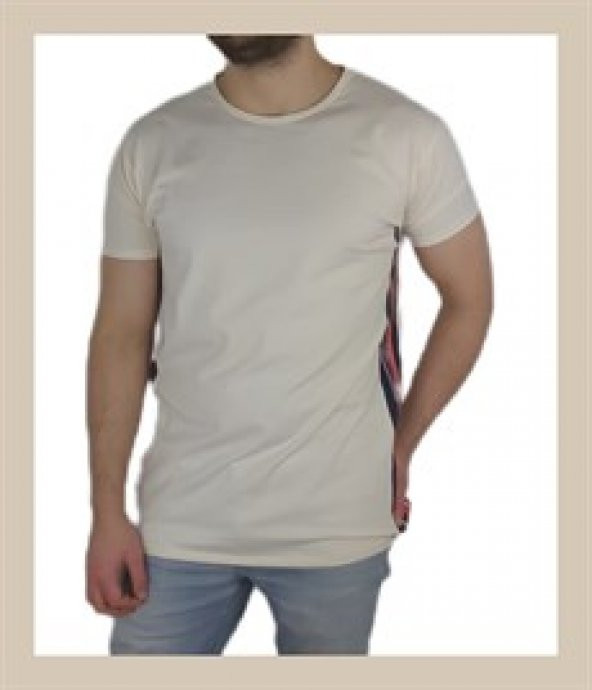 Boyu Uzun Yanı Şeritli Krem T-shirt
