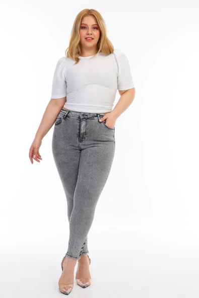 Kadın Büyük Beden Yüksek Bel Full Likralı Dar Kesim Parlak Serpme Taşlı Kot Pantolon - 2