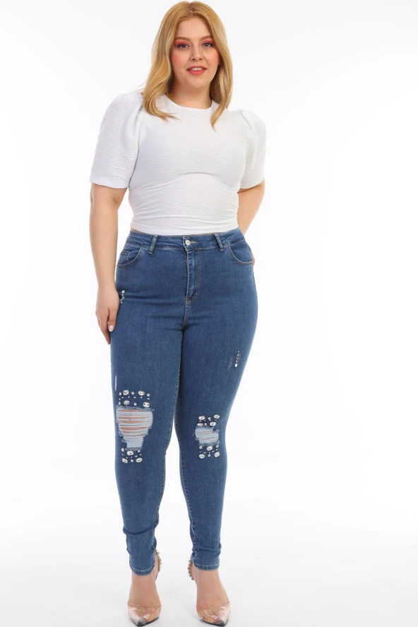 Kadın Büyük Beden Yüksek Bel Full Likralı Dar Kesim Parlak Taşlı Yırtık Kot Pantolon - 2