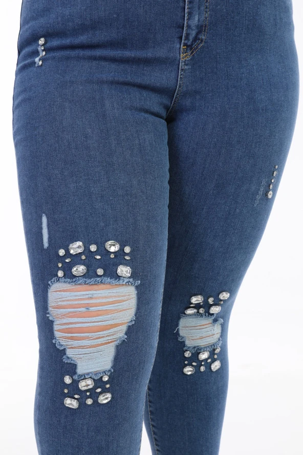 Kadın Büyük Beden Yüksek Bel Full Likralı Dar Kesim Parlak Taşlı Yırtık Kot Pantolon - 3