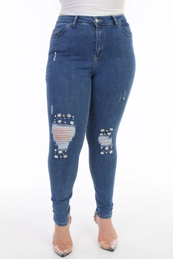 Kadın Büyük Beden Yüksek Bel Full Likralı Dar Kesim Parlak Taşlı Yırtık Kot Pantolon - 4