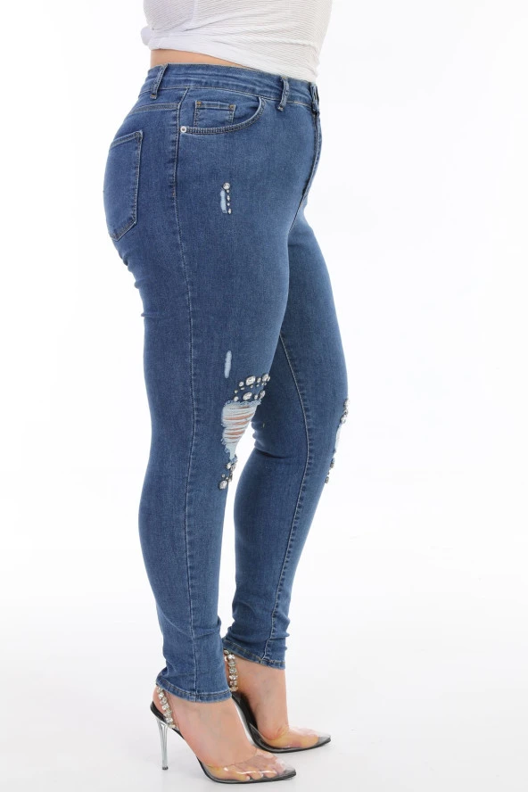 Kadın Büyük Beden Yüksek Bel Full Likralı Dar Kesim Parlak Taşlı Yırtık Kot Pantolon - 5