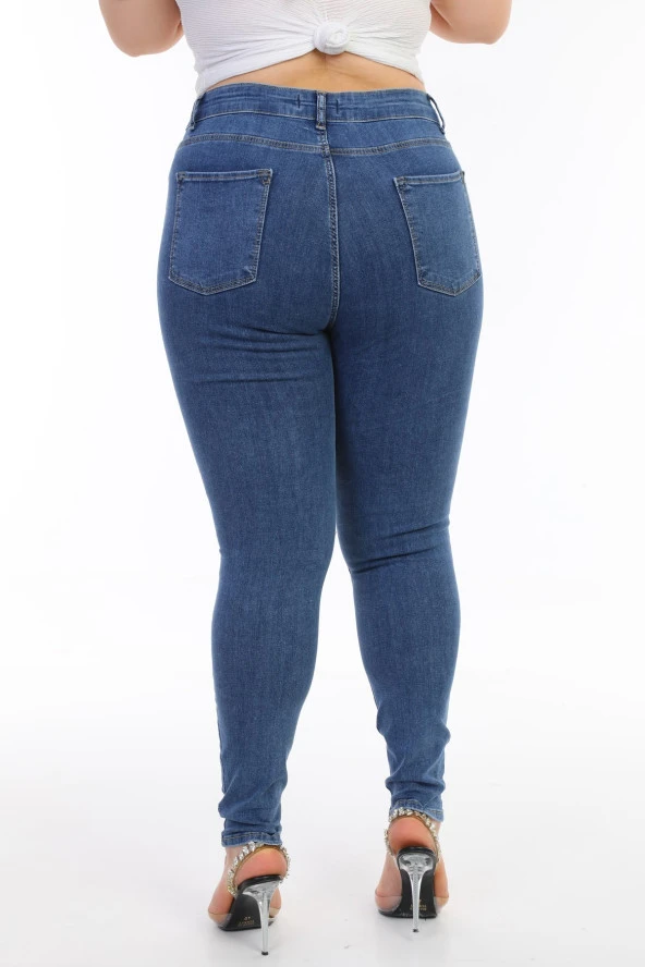 Kadın Büyük Beden Yüksek Bel Full Likralı Dar Kesim Parlak Taşlı Yırtık Kot Pantolon - 6