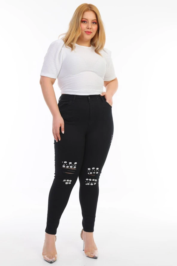Kadın Büyük Beden Yüksek Bel Full Likralı Dar Kesim Parlak Taşlı Yırtık Kot Pantolon - 7
