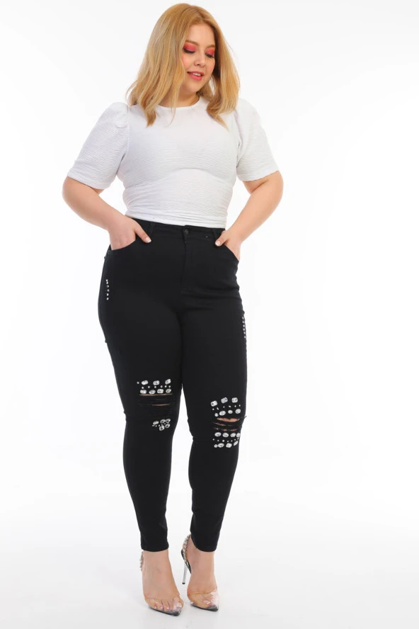 Kadın Büyük Beden Yüksek Bel Full Likralı Dar Kesim Parlak Taşlı Yırtık Kot Pantolon - 8