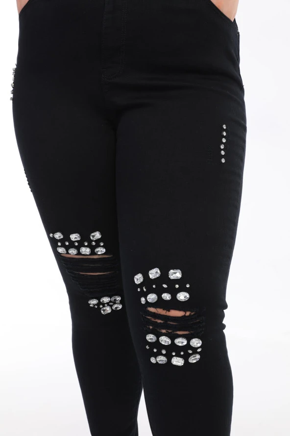 Kadın Büyük Beden Yüksek Bel Full Likralı Dar Kesim Parlak Taşlı Yırtık Kot Pantolon - 9