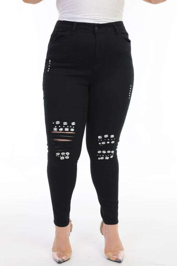 Kadın Büyük Beden Yüksek Bel Full Likralı Dar Kesim Parlak Taşlı Yırtık Kot Pantolon - 10