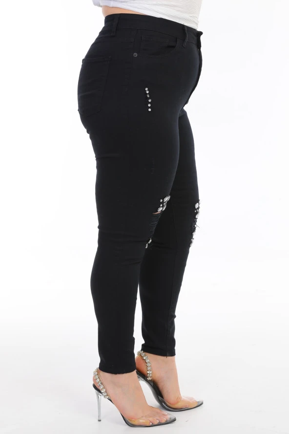 Kadın Büyük Beden Yüksek Bel Full Likralı Dar Kesim Parlak Taşlı Yırtık Kot Pantolon - 11