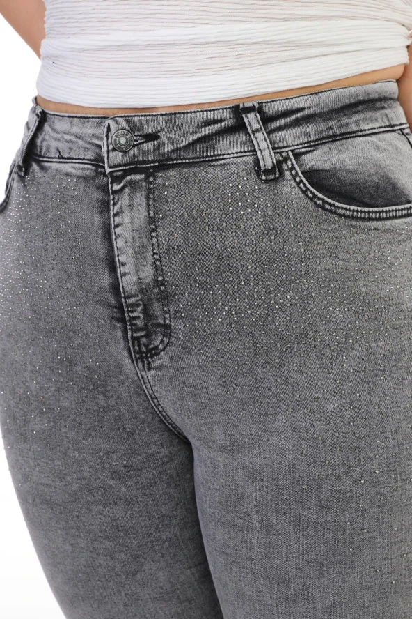 Kadın Büyük Beden Yüksek Bel Full Likralı Dar Kesim Parlak Serpme Taşlı Kot Pantolon - 3