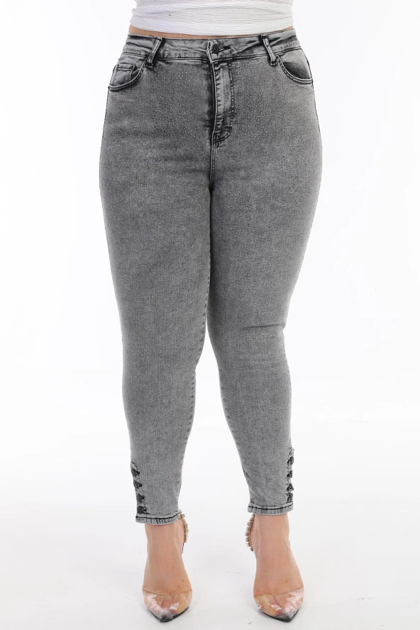 Kadın Büyük Beden Yüksek Bel Full Likralı Dar Kesim Parlak Serpme Taşlı Kot Pantolon - 5