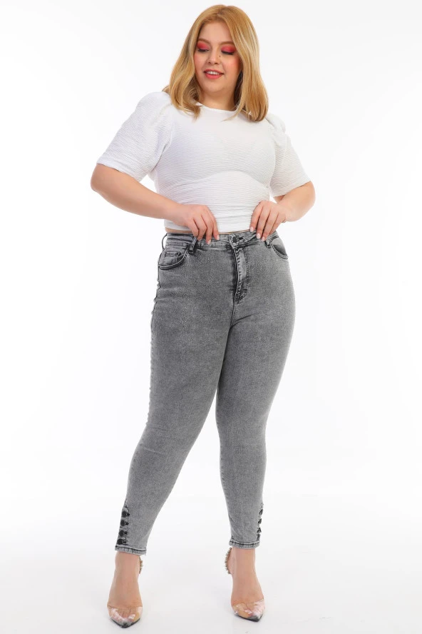 Kadın Büyük Beden Yüksek Bel Full Likralı Dar Kesim Parlak Serpme Taşlı Kot Pantolon - 6