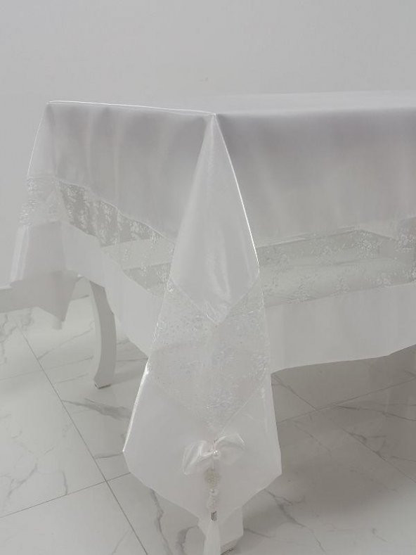 Finezza Gelin Lüx Dantelli Monoray Kumaş Beyaz Masa Örtüsü 170x230 cm - 1026 - Resim 3