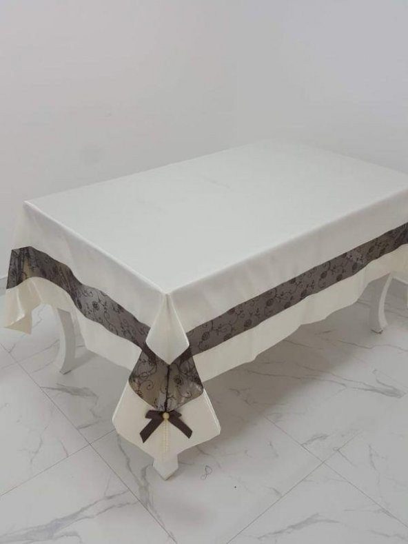 Finezza Gelin Lüx Kahve Dantelli Monoray Kumaş Krem Masa Örtüsü 170x230cm - 1030