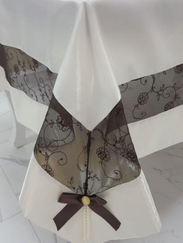 Finezza Gelin Lüx Kahve Dantelli Monoray Kumaş Krem Masa Örtüsü 170x230cm - 1030 - 2