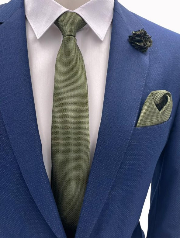 Brianze Haki Yeşili Kravat Mendil Yaka Çİçeği Set ürün görseli 1