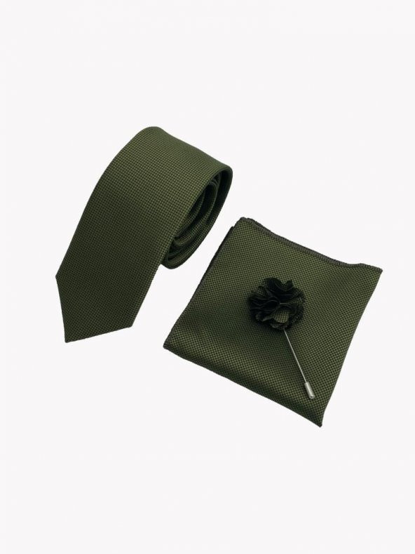 Brianze Haki Yeşili Kravat Mendil Yaka Çİçeği Set - Resim 2