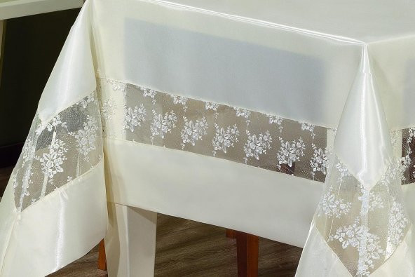 Finezza Gelin Lüx Dantelli Monoray Kumaş Krem Masa Örtüsü 170x330 cm - 1031 - 6