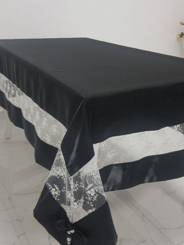 Finezza Gelin Lüx Dantelli Monoray Kumaş Siyah Masa Örtüsü 170x230 cm - 1032 - 2