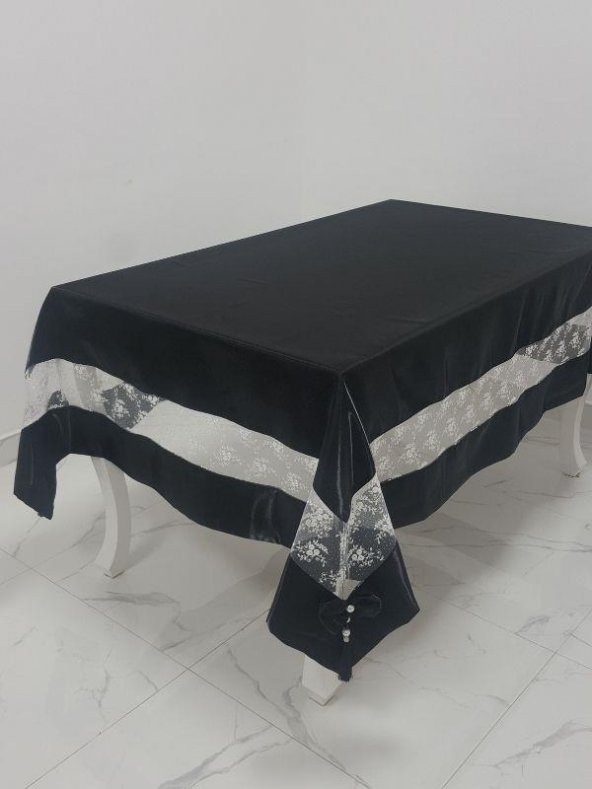 Finezza Gelin Lüx Dantelli Monoray Kumaş Siyah Masa Örtüsü 170x230 cm - 1032 - 3