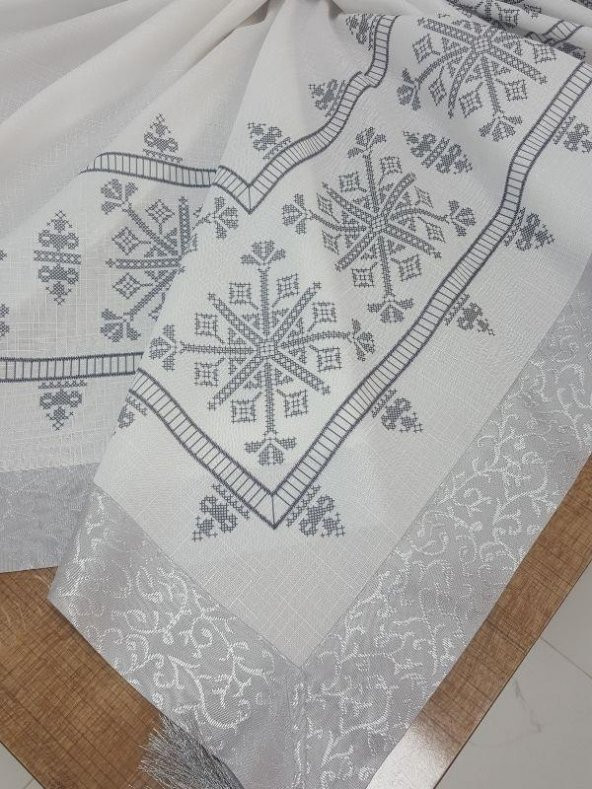 Finezza Otantik Baskılı Keten Kumaş Kreme Gri Masa Örtüsü 160X220 Cm - 1033 - 3