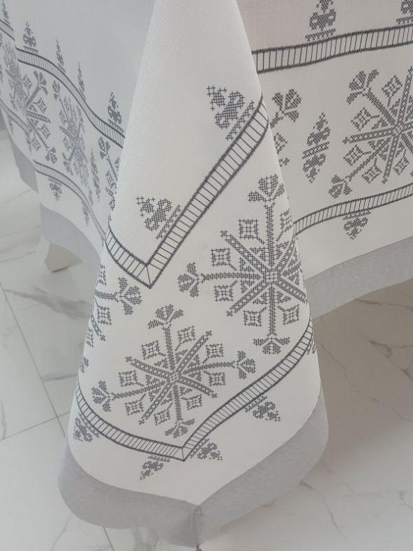 Finezza Otantik Baskılı Keten Kumaş Kreme Gri Masa Örtüsü 160X220 Cm - 1033 - 4