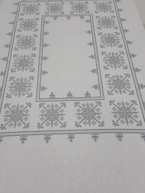 Finezza Otantik Baskılı Keten Kumaş Kreme Gri Masa Örtüsü 160X220 Cm - 1033 - 5
